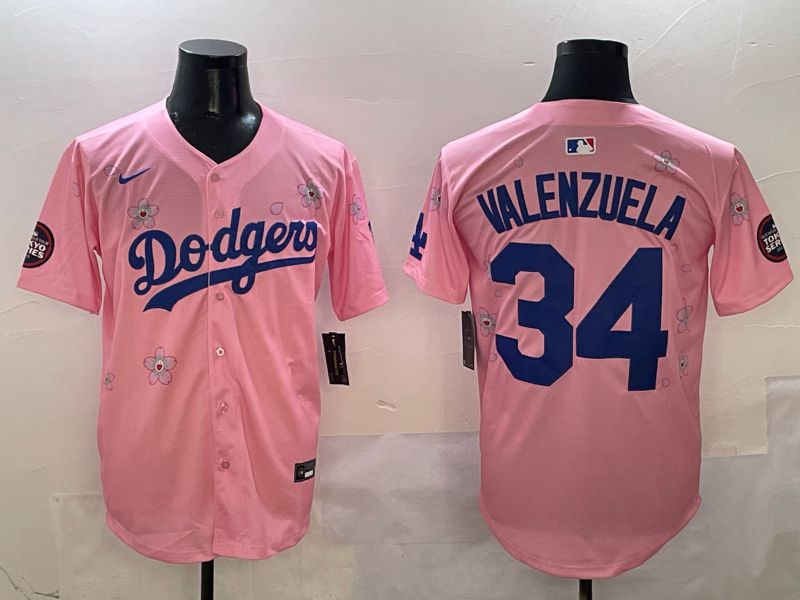 Men Los Angeles Dodgers 34 Valenzuela Pink Sakura Edition 2025 Nike MLB Jersey style 1